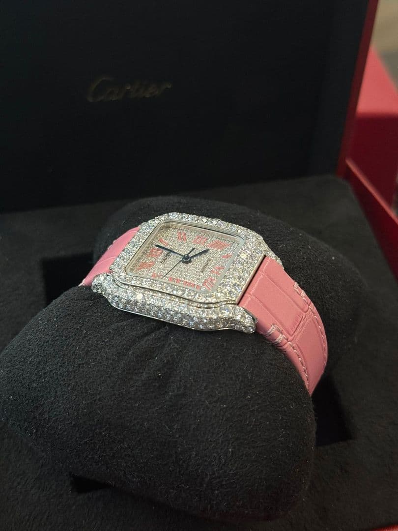Ladies 35mm Steel Cartier Santos 100 W20126X8, Diamond-Set, Pink Roman Numeral
