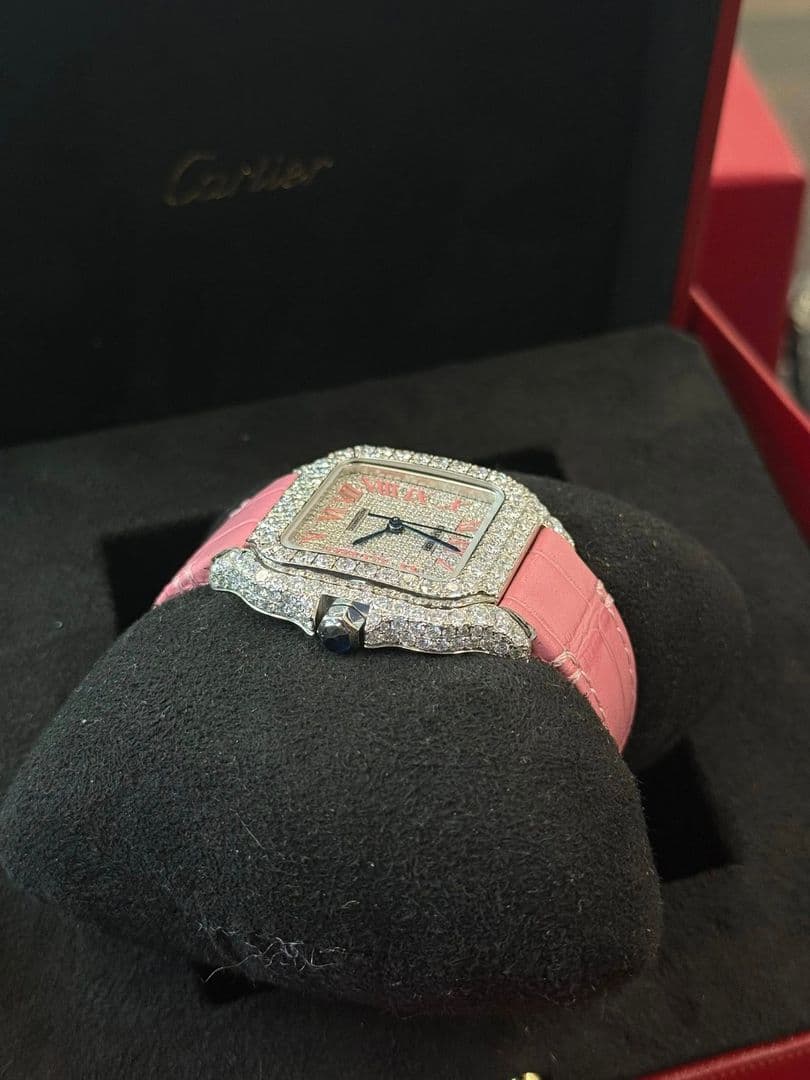 Ladies 35mm Steel Cartier Santos 100 W20126X8, Diamond-Set, Pink Roman Numeral