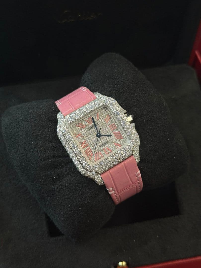 Ladies 35mm Steel Cartier Santos 100 W20126X8, Diamond-Set, Pink Roman Numeral